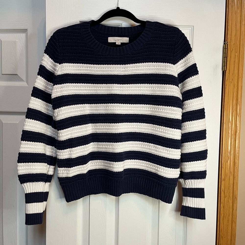 LOFT Striped Navy and White Crew Neck Sweater